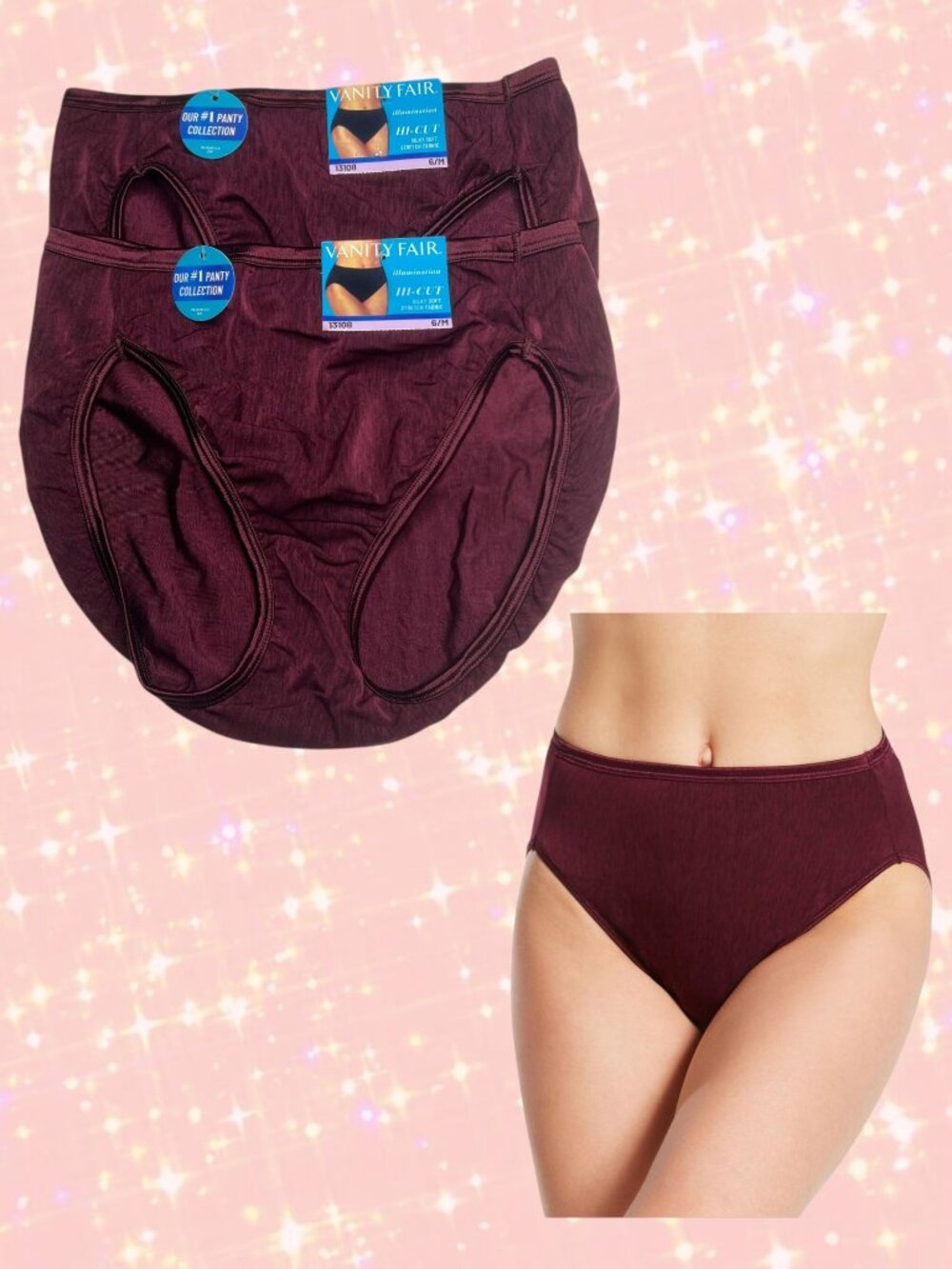 2 NWT Vanity Fair 13108 Illumination Hi Cut Brief Panty Panties Maroon Red 6/M